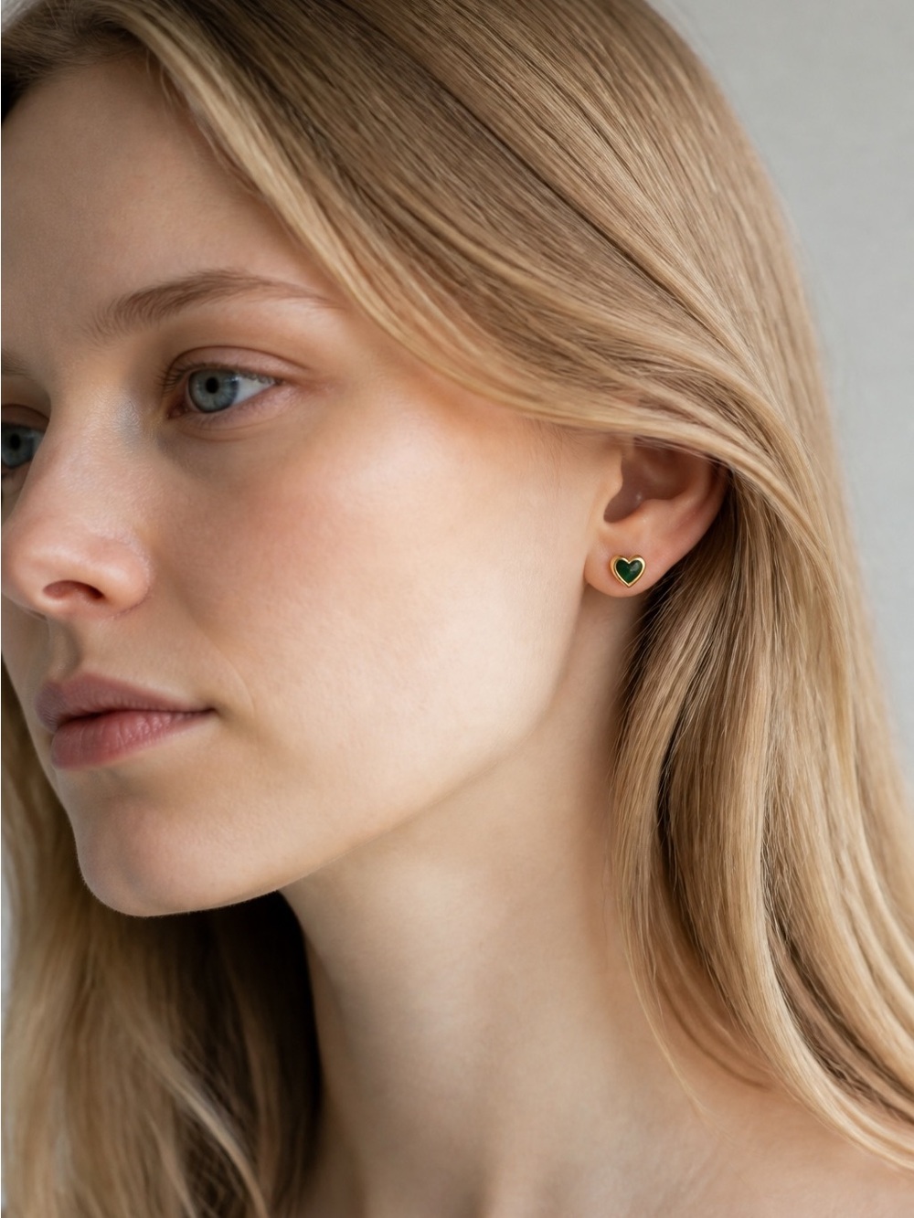 Gold Heart Earrings with Green Enamel - Women's Jewelry